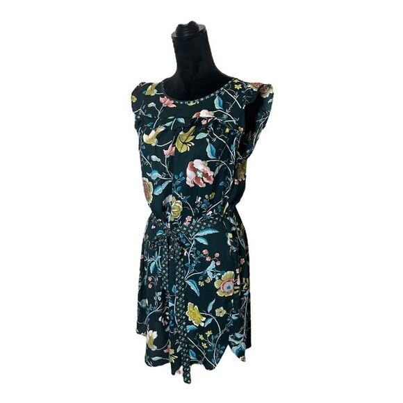 Loft Green Floral Flutter Cap Sleeve Belted Dress Size Small - Picture 9 of 16